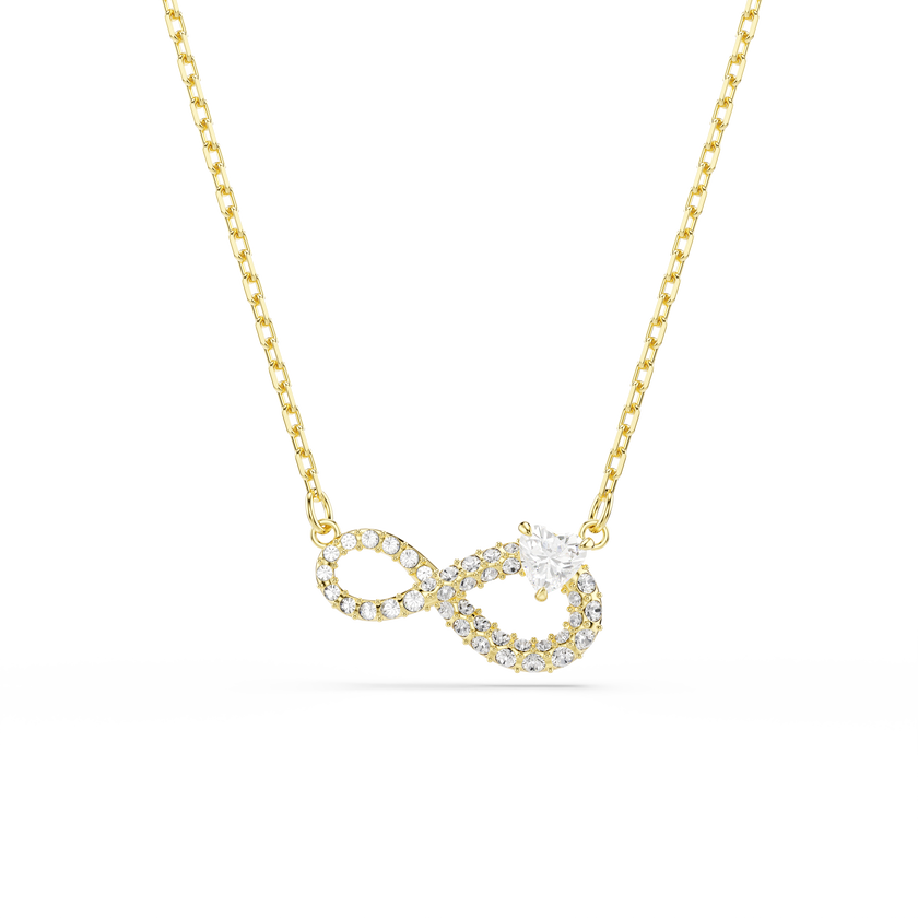 swarovski عقد hyperbola، قطع على شكل قلب، أحجار كريستال صغيرة متراصة، شكل إنفينيتي، لون أبيض، طلاء باللون الذهبي