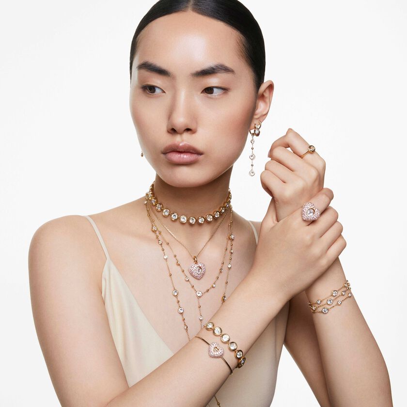 swarovski سوار idyllia، لؤلؤ كريستال، على شكل قلب، لون وردي، طلاء بلون ذهبي
