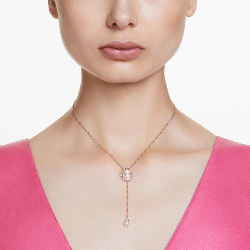 swarovski قلادة idyllia على شكل حرف y، على شكل صدفة، لون أبيض، طلاء ذهبي وردي