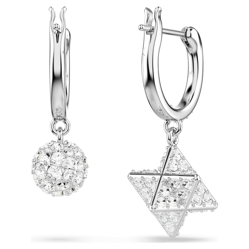 swarovski أقراط متدلية dextera، تصميم غير متماثل، قطع مستدير، نجمة وكرة، لون أبيض، طلاء روديوم