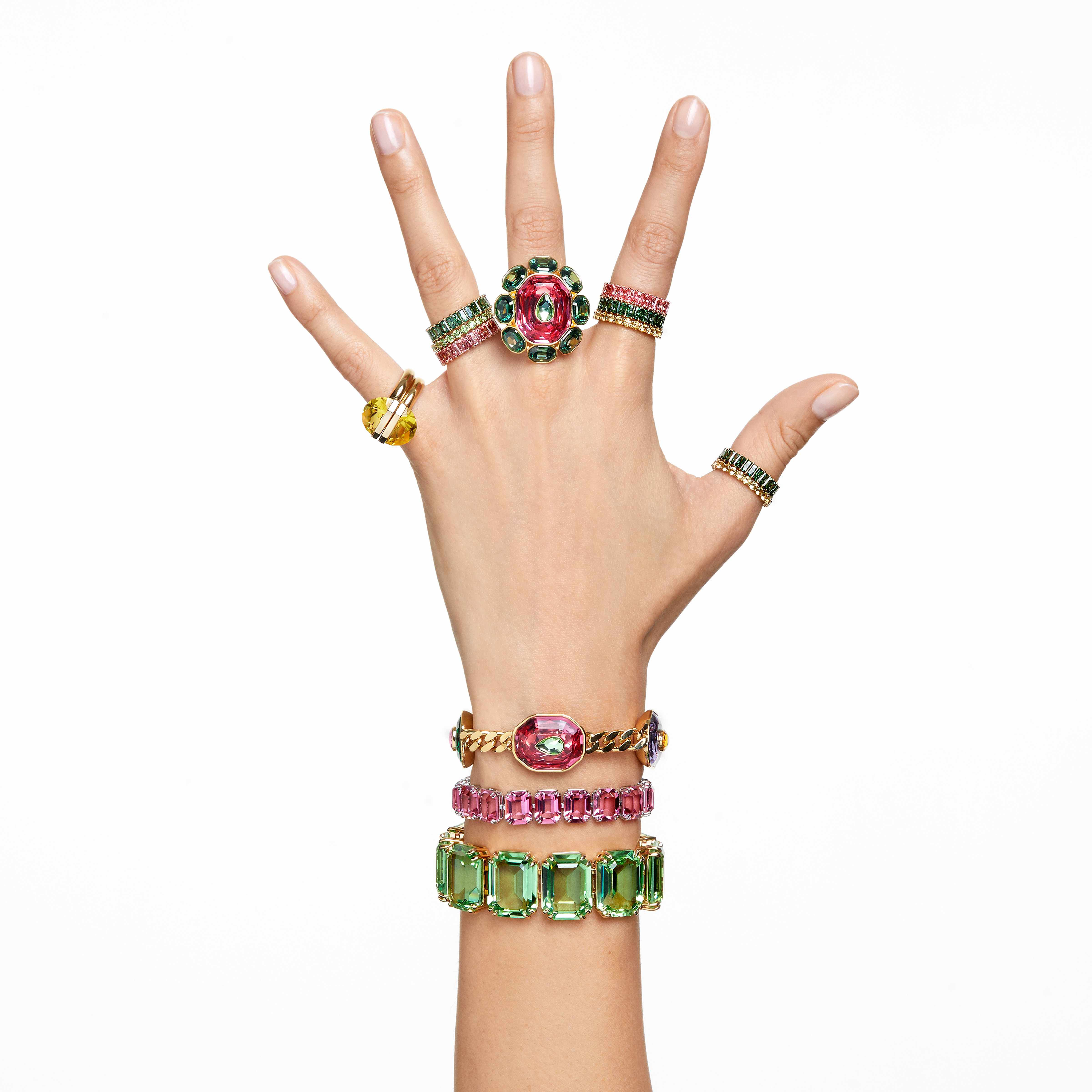 swarovski خاتم matrix، قطع باغيت، لون أخضر، طلاء بلون ذهبي