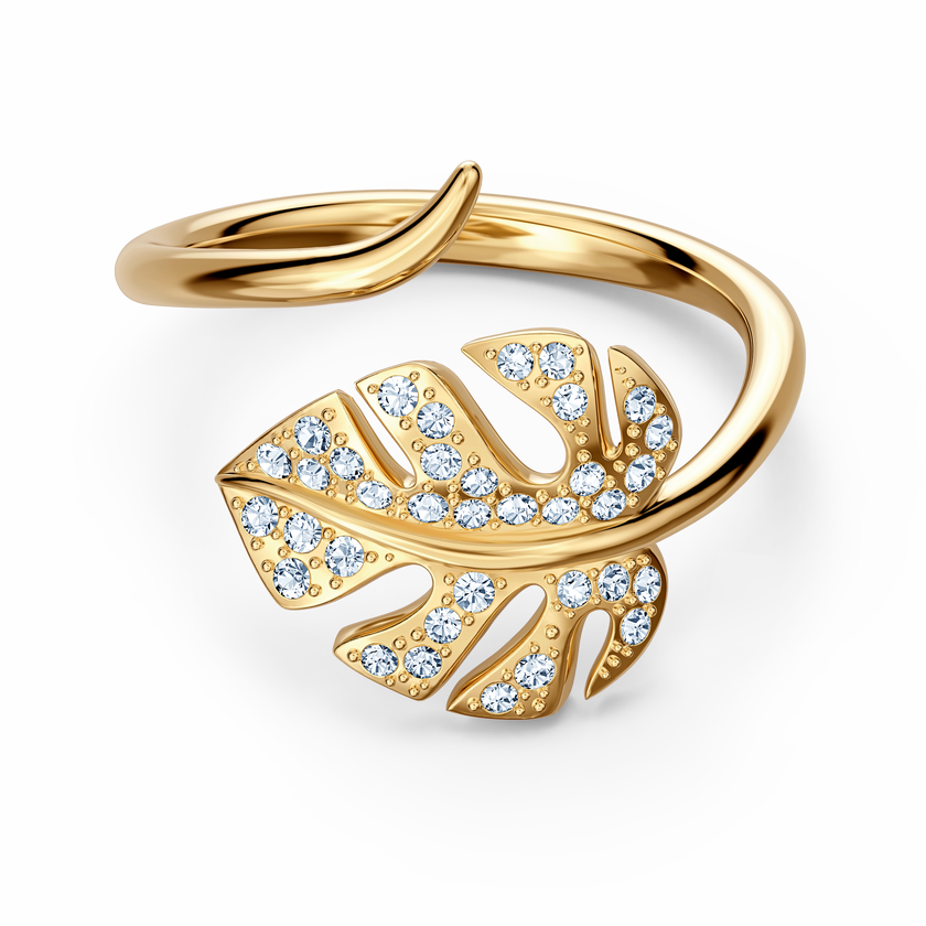 swarovski خاتم مفتوح على شكل ورقة شجر tropical، أبيض اللون، مطلي باللون الذهبي