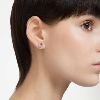 swarovski أقراط دبوسية birthstone، قطع مربع، شهر أكتوبر، لون وردي، طلاء روديوم